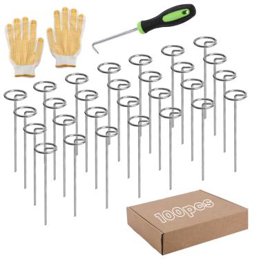 Imagem de 100 pinos de tecido de paisagem com gancho e luvas, estacas de jardim galvanizadas de calibre 8 de 15 cm, grampos de paisagem de topo circular, estaca de barreira de ervas daninhas para cobertura de