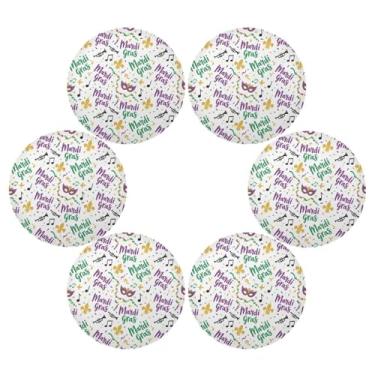 Imagem de Wassud Jogo americano conjunto de 6 tapetes de mesa redondos de música Mardi Gras para cozinha e jantar tapetes laváveis resistentes ao calor decoração de mesa 39 cm