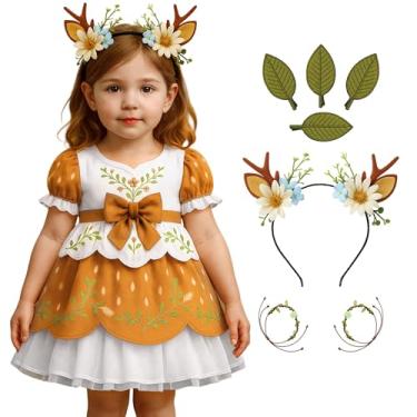 Imagem de ZZIHAN Kids Deer Reindeer Costume for Girls — Woodland Deer Princess & Forest Fairy Dress Outfit with Flower Antler Headband, Leaf Hair Clips & Bracelets for Halloween, Christmas & Pretend Play 4–5