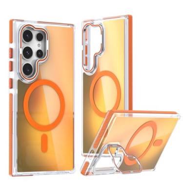 Imagem de POYUFRG Capa magnética para Samsung Galaxy S26 Ultra/S26 Plus/S26, capa de telefone fina gradiente com proteção de lente de metal, capa de suporte, laranja, S26