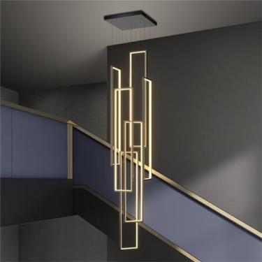 Imagem de Luminária pendente moderna para sala de estar, LED dimerizável com controle remoto, lustre geométrico estilo villa em alumínio e acrílico, ideal para escada, quarto, sala de jantar e porta d