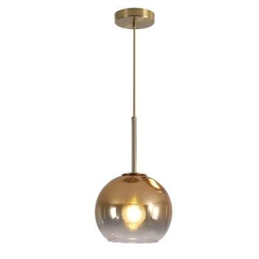 Imagem de Luminária pendente moderna em vidro dourado com cúpula em formato de globo, ideal para cabeceira, ilha de cozinha, sala de jantar e corredor.