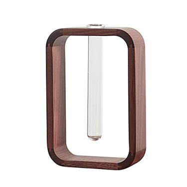 Imagem de Vaso de tubo vidro transparente com estrutura madeira nogueira suporte para plantas aquáticas hidroponicas flores decoração casa e escritório jardim mesa bonsai