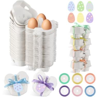 Imagem de Fullhawl 12 caixas de ovos de Páscoa, suporte de ovo branco em forma de coração, papel de polpa natural para ovos de galinha com fita de etiqueta colorida macaron para presente de Páscoa, artes e