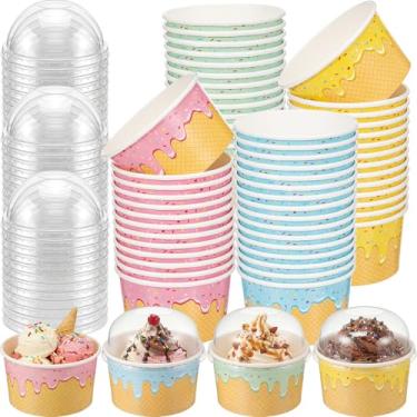 Imagem de Jingmore Copos de papel de sorvete de 40 unidades com tampas transparentes sem furos, copos de sobremesa descartáveis a granel, tigelas de sobremesa, recipientes de sudae para lanche, sopa de iogurte