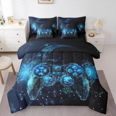 Imagem de Erosebridal Conjunto de edredom Queen para crianças, 7 peças, moderno, videogame, para quarto, edredom com edredom, lençóis, fronhas, linha geométrica abstrata