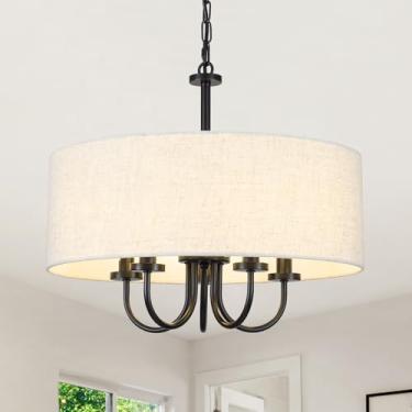 Imagem de ZJVAIVE Lustre de tambor 5 luzes 48 cm lustres de sala de jantar moderno preto fazenda lustre branco cortina de tambor luminária pendente para sala de estar quarto corredor