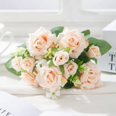 Imagem de Buquê de Rosas Artificiais – Flores de Seda 10 Galhos, 10 Flores, 32cm – Decoração, Arranjos e Centros de Mesa (2 Unidades,Champanhe)
