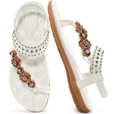 Imagem de Alicegana Sandálias femininas elegantes sapatilhas: boêmio verão confortável bico dividido sapatos caminhada praia gladiador, Branco, 35