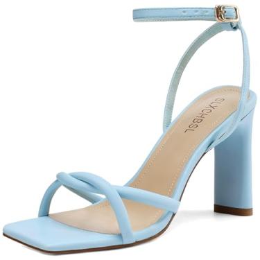 Imagem de SLXCHBSL Sandálias femininas quadradas de bico aberto com tiras para mulheres, elegantes e grossas, salto alto, fivela no tornozelo, sandálias de salto para mulheres, sapatos confortáveis de casamento