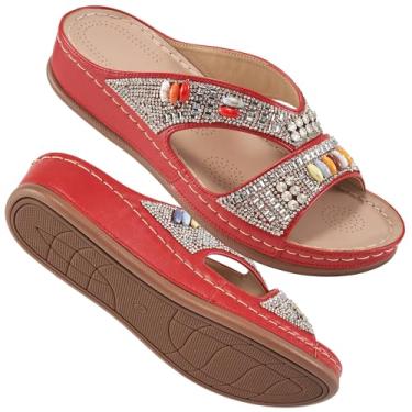 Imagem de Ecetana Sandálias femininas estilo plataforma boêmia elegante verão strass com contas boêmia plataforma confortável sapatos casuais, Vermelho, 38