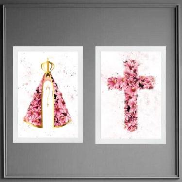 Imagem de Kit 2 Quadros Nossa Senhora E Cruz Flores 33X24Cm - Vidro