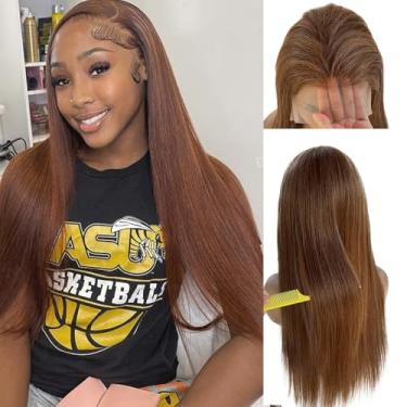 Imagem de Peruca frontal de renda ombré, realce, cabelo humano, 33 x 15 cm, marrom, destaque, HD, transparente, cabelo humano pré-arrancado com cabelo de bebê, sem cola, liso, marrom, balayage, peruca frontal