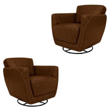 Imagem de Kit 2 Poltronas Decorativas Valentina Sala de Estar Giratória Couro Marrom Chocolate Manchado G40 - Gran Belo