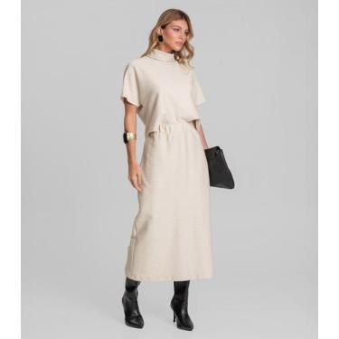 Imagem de Saia Feminina Midi Moletinho Texturizado Dianna Bege, M, Bege