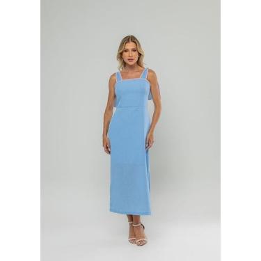 Imagem de Vestido Midi Com Alças De Amarração e Acabamento Contrastante Azul Sal