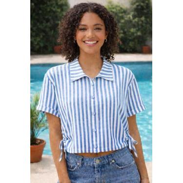 Imagem de Blusa Feminina Listrada com Botões e amarração lateral Manga Curta - J