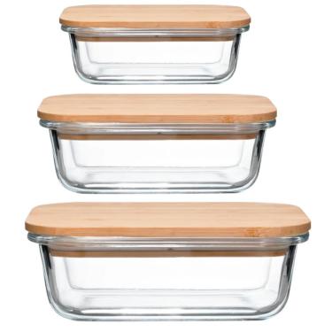 Imagem de Jogo De 3 Potes Herméticos Retangular Tampa De Bambu Em Casa