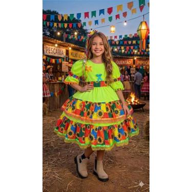 Imagem de Vestido Junino Luxo Roça Animada Banana Club - Tecido Tecnosoft, Pear,