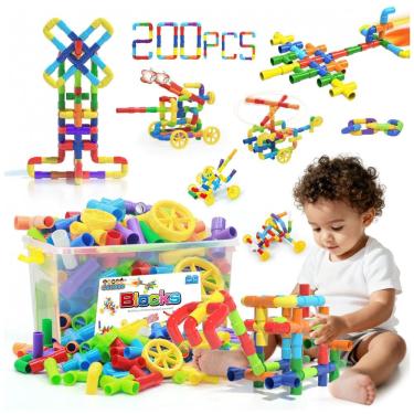 Imagem de Brinquedo de construção STEM Ggiibro 200 peças tubos plásticos com caixa organizadora