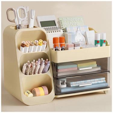 Imagem de Organizador de mesa HBlife bege com porta-canetas, 4 compartimentos superiores e 2 gavetas para escritório, casa e escola