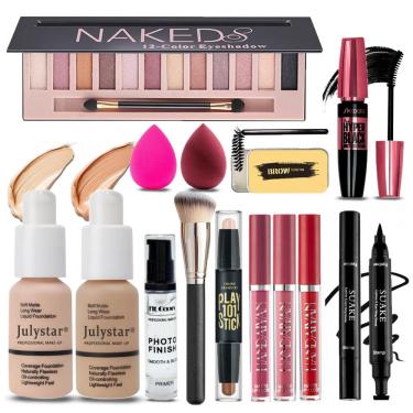 Imagem de Kit de Maquiagem Completo Tudo em Um Geyomi, 12 Cores Sombra Fosca, Base Nude Bege, Primer, 3 Batons Líquidos, Contorno, Sobrancelha