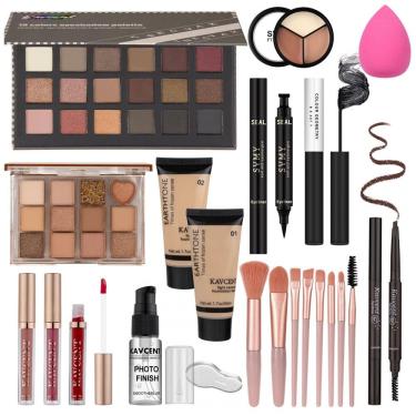 Imagem de Kit Maquiagem Completo KAVCENT Paleta Sombras 18 Cores Foundation Líquida Corretivo Máscara Delineador Pincéis para Teens e Mulheres