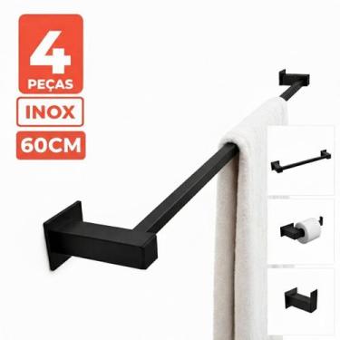 Imagem de Porta Toalha Inox 60cm - Kit Acessórios Banheiro 4 Peças Preto Fosco -