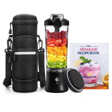 Imagem de Liquidificador portátil NexaEase 600ml preto com case térmico e livro de receitas recarregável USB-C