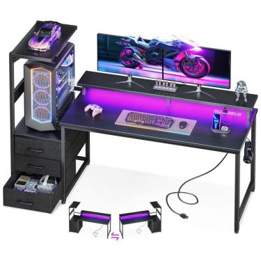 Imagem de Mesa Gamer Reversível AODK 150 cm Fibra de Carbono Preto com Luzes LED, Tomadas USB, 3 Gavetas de Tecido e Suporte para Monitor,