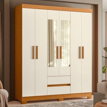 Imagem de Guarda Roupa Solteiro 6 Portas 2 Gavetas Com Espelho Cumaru Off White