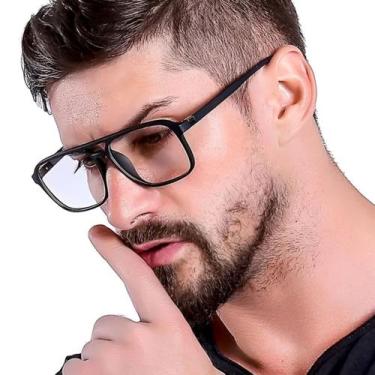 Imagem de Óculos Masculino Aviador Quadrado Sem Grau Preto Proteção Anti Luz Azu