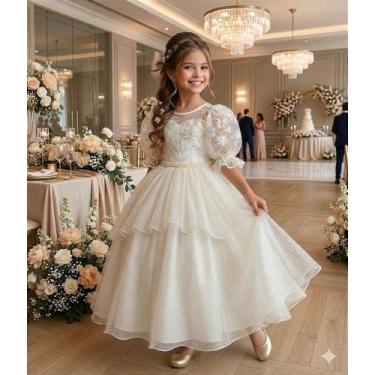 Imagem de Vestido Longo Off-White Bella Child com Bordados e Tule, Beige, 14