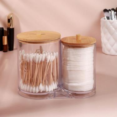 Imagem de Porta Cotonetes Duplo Tampa Bambu Organizador de Algodão em Acrílico Super Resistente para Banheiro OEM