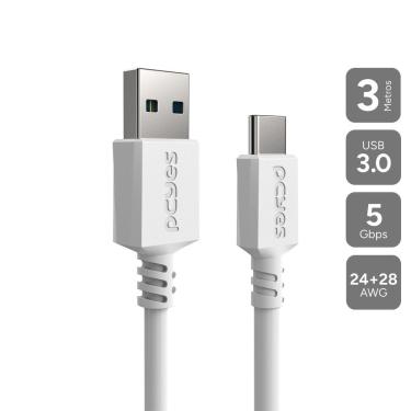 Imagem de Cabo USB a 3.0 para USB Tipo-C PUCAP3-3B com 3 METROS e Taxa 5 GBPS Branco Pcyes