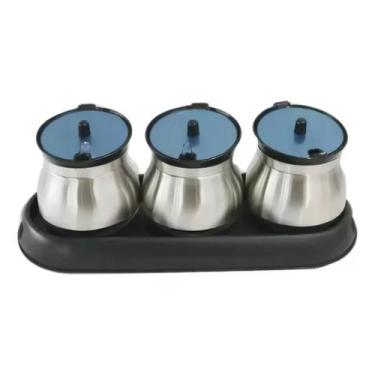 Imagem de Porta Condimento De Inox Com 3 Potes E Suporte De Plástico - Kit Girl