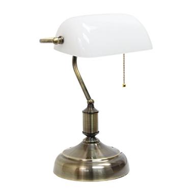 Imagem de Simple Designs LT3216-WHT Candeeiro de mesa executivo banqueiro com persiana de vidro, branco, níquel antigo/branco, 25 x 21 x 35 cm