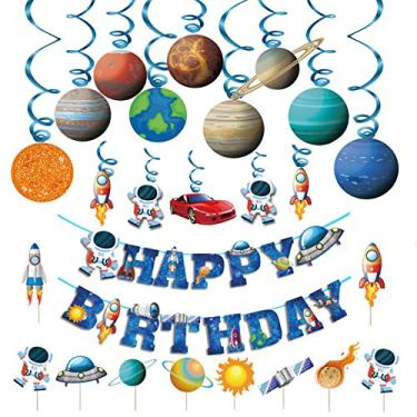 Imagem de Decoração de festa de aniversário espacial infantil - tema de nave espacial de astronauta azul faixa de feliz aniversário para pendurar sistema solar cartão planeta espiral presente infantil conjunto de suprimentos para bolo