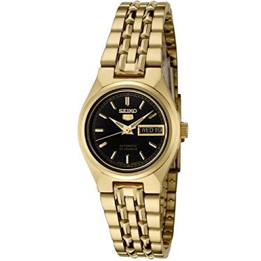 Imagem de Seiko Relógio feminino SYMA06K Seiko 5 automático, mostrador preto, aço inoxidável dourado