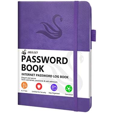 Imagem de Caderno de senhas elegante com abas alfabéticas - Livro de senhas de capa dura para login de endereço de site da Internet - 13,2 cm x 19,3 cm Porta-senhas e organizador com seção de notas e bolso traseiro (violeta roxo)