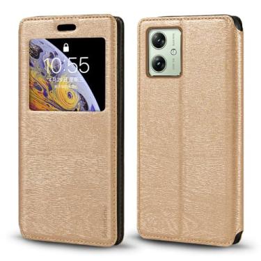 Imagem de Capa para Motorola G54 5G, capa de couro de grão de madeira com porta-cartão e janela, capa flip magnética para Motorola Moto G54 Power Edition (16,5 cm) dourada