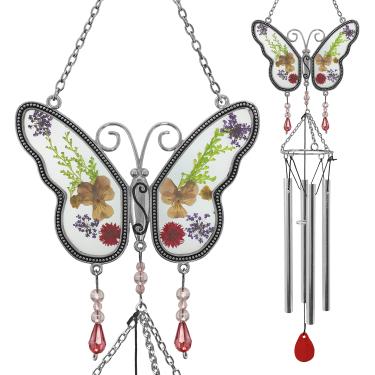 Imagem de BANBERRY DESIGNS Chimes de Vento Borboleta - Flores prensadas e secas de vidro manchado borboletas design de apanhador de sol com sinos de vento pendurados - aproximadamente 50 cm de comprimento - Grandma Mom Sister Friend Aunt