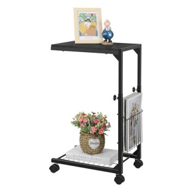 Imagem de Mesa lateral em forma de C mesa de canto ajustável com rodas mesa C para espaços pequenos mesa de sofá com armazenamento para sofá sala de estar quarto (preto)