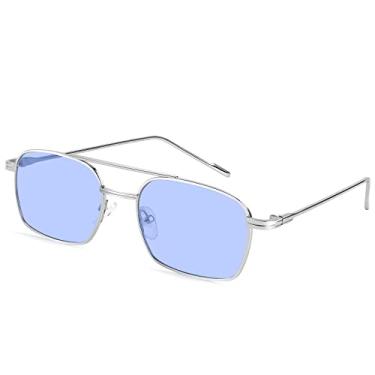 Imagem de FEISEDY Óculos de sol modernos quadrados aviador feminino masculino moderno retrô armação de metal óculos de sol lentes cor doce B1036, Armação prateada 002/lente azul, 53mm