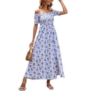 Imagem de Camisa Feminina Allover Floral Print Off Shoulder Split Thigh Dress (Color : Blue and White, Size : CH)
