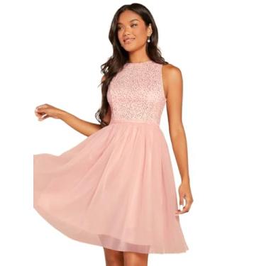 Imagem de Camisa Feminina Contrast Sequin Mesh Overlay Dress (Color : Coral Pink, Size : X-Small)