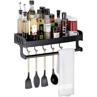 Imagem de Rack de cozinha sem furadeira Prateleira de cozinha com gancho Rack de temperos autoadesivo montado na parede com toalheiro Espaço preto alumínio para varanda de cozinha, preto, 40 cm