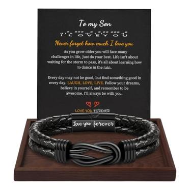 Imagem de Presentes de Natal para homens pulseira de couro marrom preto trançado Forever I Love You presentes para ele pulseiras de punho infinito presentes de aniversário para namorado filho neto marido pai homens meias de enchimento para meninos adolescentes, 9 Inches, Metal, Sem pedras preciosas