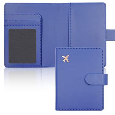 Imagem de Deziliao Combo porta-cartão de passaporte e vacina, porta-passaporte de couro PU com compartimento para cartão de vacina, carteira de passaporte para homens e mulheres, Azul, Clássico