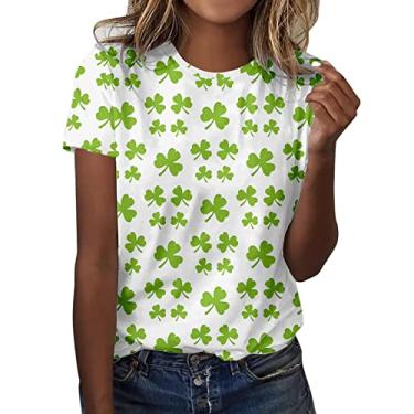 Imagem de Camiseta feminina St Pattys Day Lucky Shamrock verde túnica manga curta verão, Branco, G